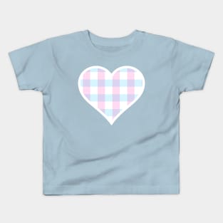 Soft Pink, Blue and White Buffalo Plaid Heart Kids T-Shirt